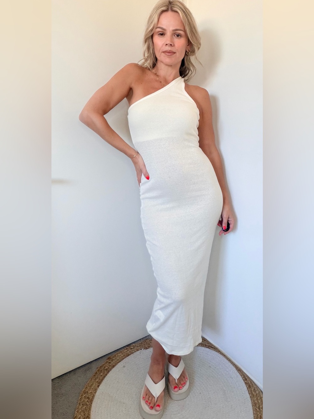Enza Costa Recycled Rib One Shoulder Maxi Dress in Magnolia